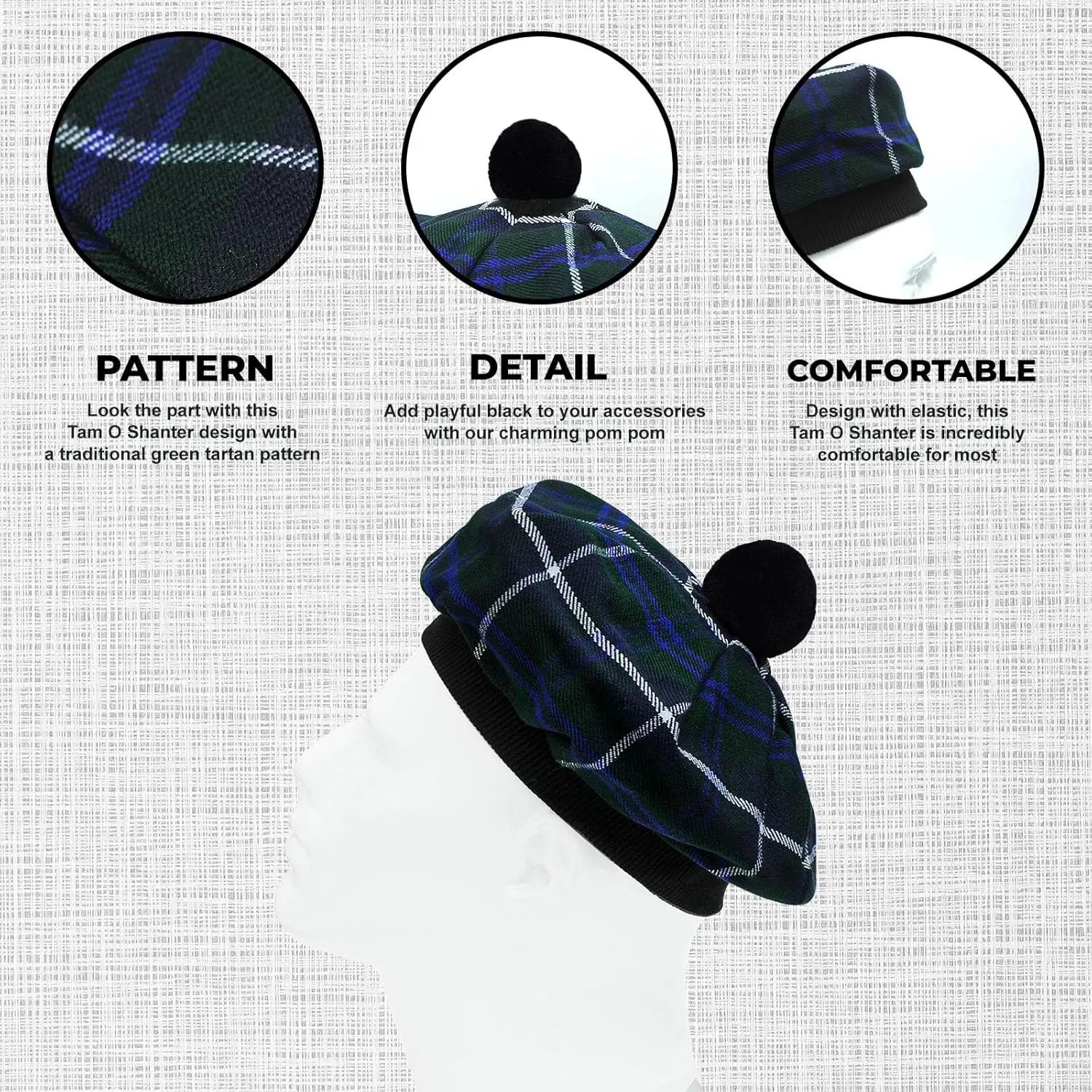 Scottish Traditional Tam o' Shatner Acrylic Wool Tammy Hat Flat Bonnet Kilt Many Tartans