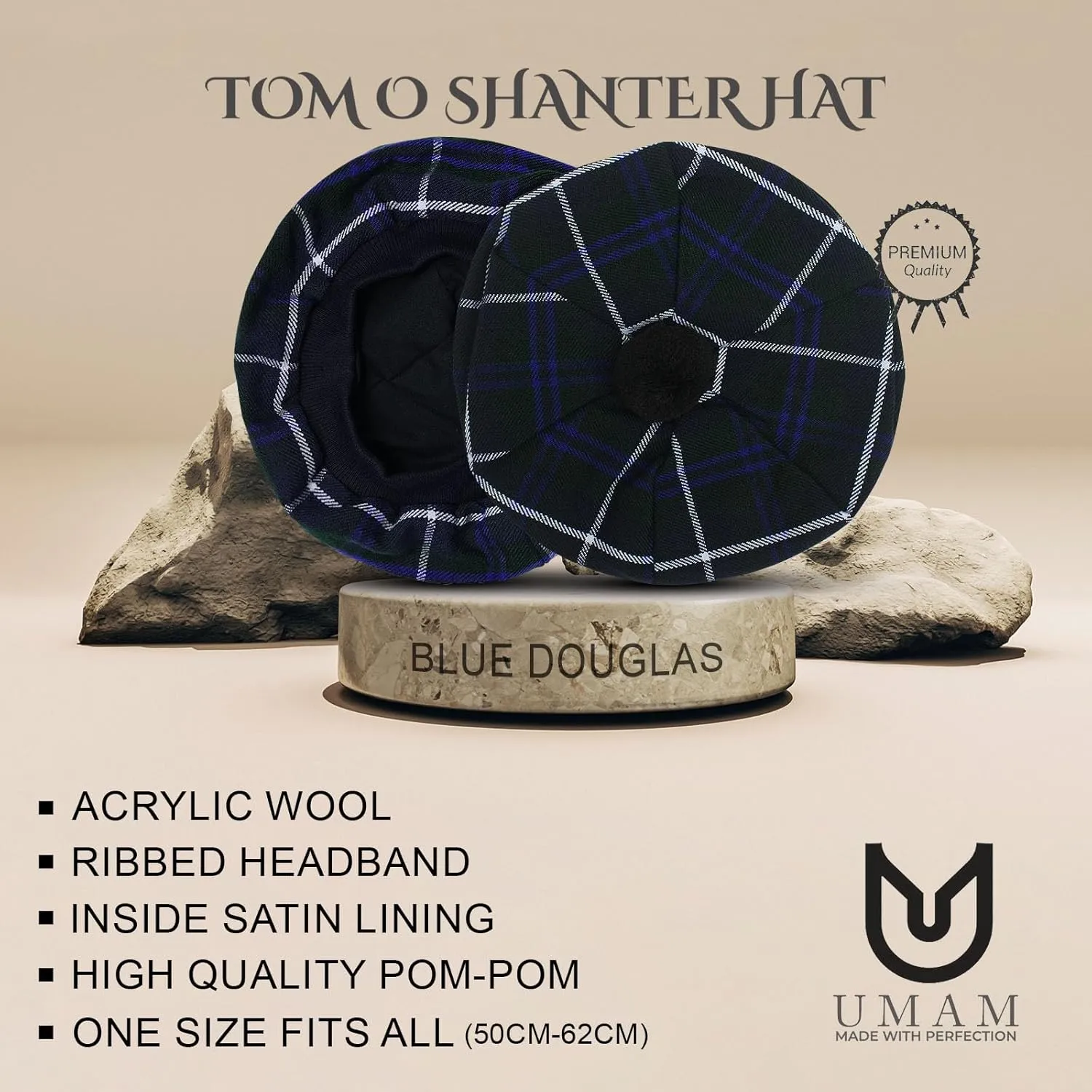 Scottish Traditional Tam o' Shatner Acrylic Wool Tammy Hat Flat Bonnet Kilt Many Tartans
