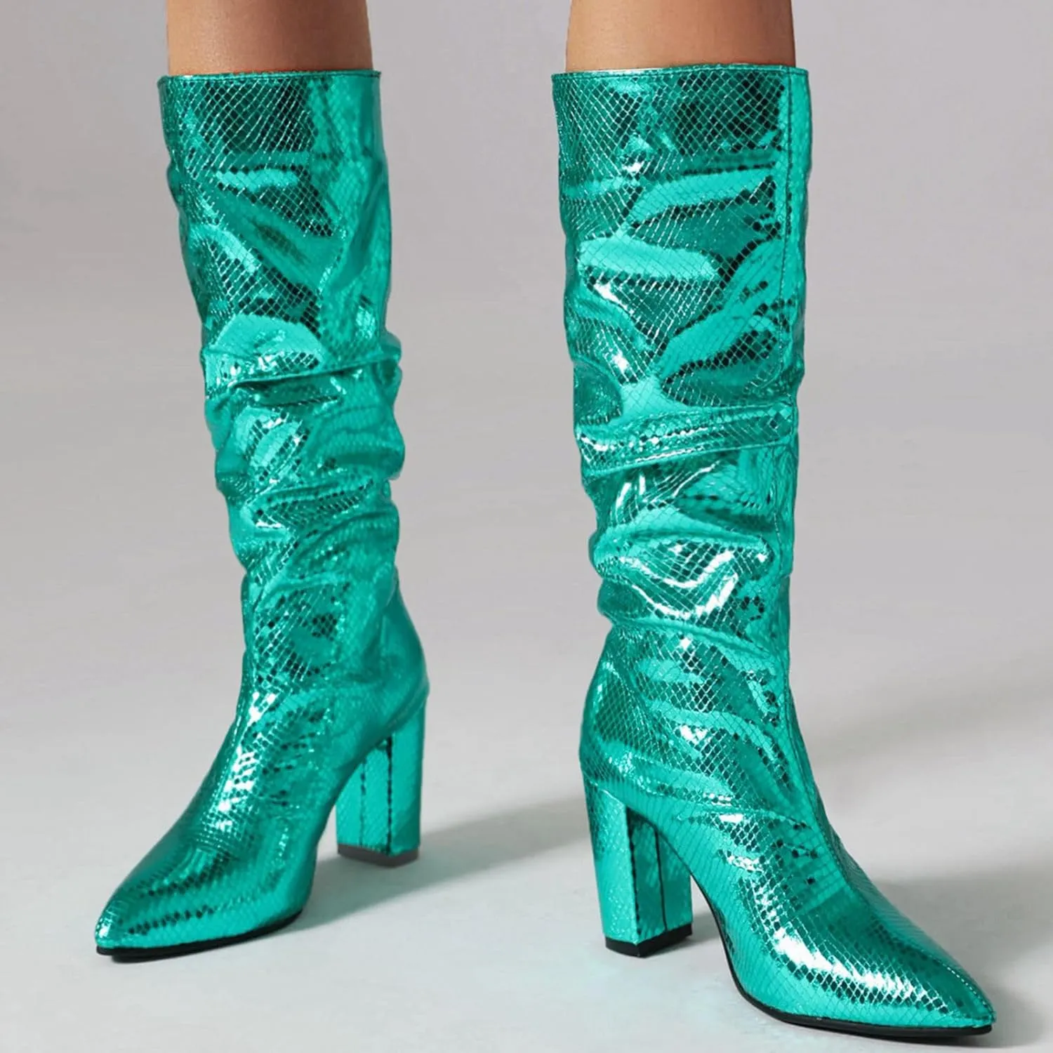 Seborluys Women Glitter Slouchy Knee High Boots Pointed Toe Chunky Heel Knee Length Boots Pull On Fashion Dress Boot