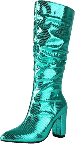 Seborluys Women Glitter Slouchy Knee High Boots Pointed Toe Chunky Heel Knee Length Boots Pull On Fashion Dress Boot