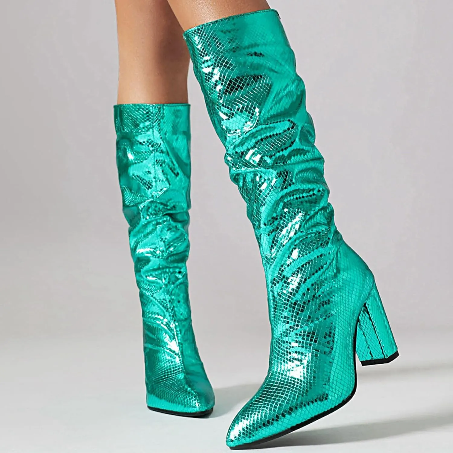 Seborluys Women Glitter Slouchy Knee High Boots Pointed Toe Chunky Heel Knee Length Boots Pull On Fashion Dress Boot