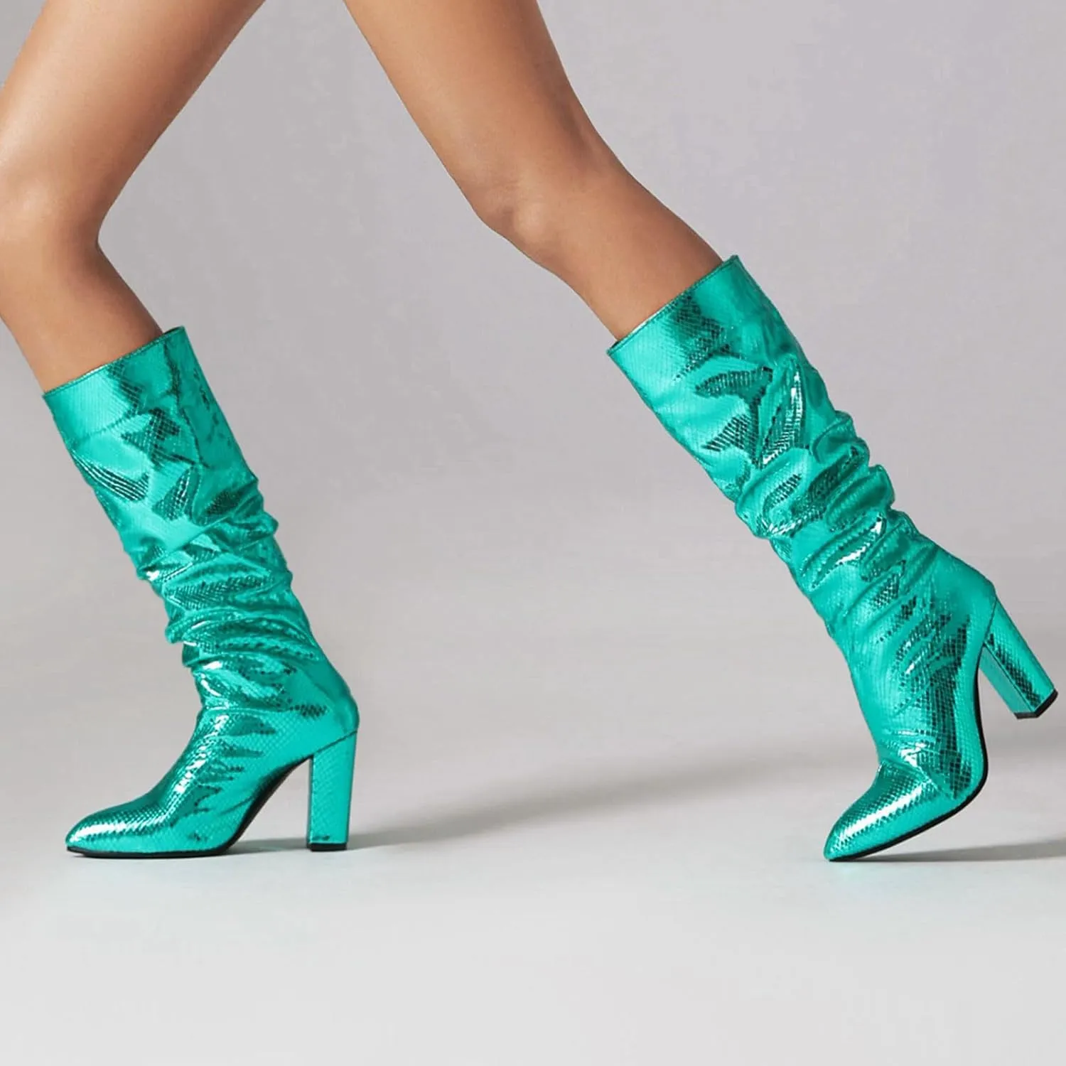 Seborluys Women Glitter Slouchy Knee High Boots Pointed Toe Chunky Heel Knee Length Boots Pull On Fashion Dress Boot