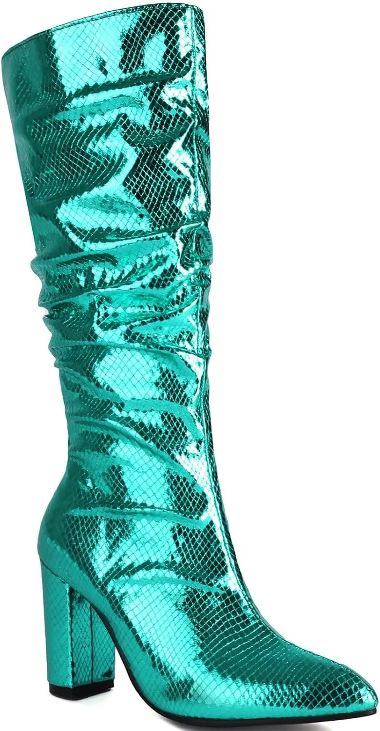 Seborluys Women Glitter Slouchy Knee High Boots Pointed Toe Chunky Heel Knee Length Boots Pull On Fashion Dress Boot