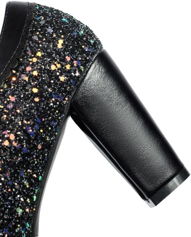 SEIFIN Women's Sequins Glitter Mary Jane Shoes Shine Sparkly Vintage Chunky High Block Heel Women Pumps with Bow and Ankle Strap Rockabilly Cosplay Kawaii Marriage Mary Jane Dress Pumps