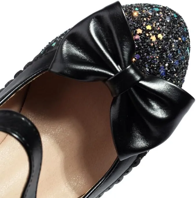 SEIFIN Women's Sequins Glitter Mary Jane Shoes Shine Sparkly Vintage Chunky High Block Heel Women Pumps with Bow and Ankle Strap Rockabilly Cosplay Kawaii Marriage Mary Jane Dress Pumps