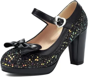SEIFIN Women's Sequins Glitter Mary Jane Shoes Shine Sparkly Vintage Chunky High Block Heel Women Pumps with Bow and Ankle Strap Rockabilly Cosplay Kawaii Marriage Mary Jane Dress Pumps