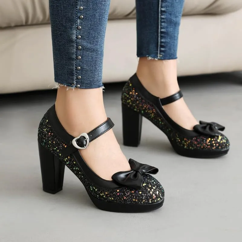 SEIFIN Women's Sequins Glitter Mary Jane Shoes Shine Sparkly Vintage Chunky High Block Heel Women Pumps with Bow and Ankle Strap Rockabilly Cosplay Kawaii Marriage Mary Jane Dress Pumps
