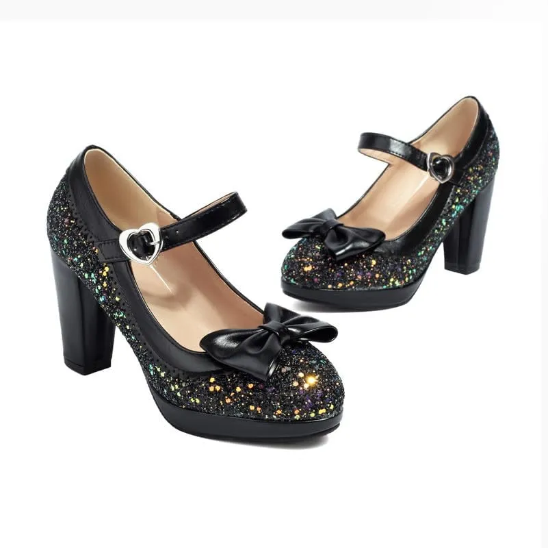 SEIFIN Women's Sequins Glitter Mary Jane Shoes Shine Sparkly Vintage Chunky High Block Heel Women Pumps with Bow and Ankle Strap Rockabilly Cosplay Kawaii Marriage Mary Jane Dress Pumps