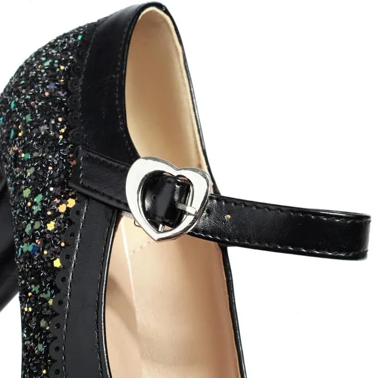 SEIFIN Women's Sequins Glitter Mary Jane Shoes Shine Sparkly Vintage Chunky High Block Heel Women Pumps with Bow and Ankle Strap Rockabilly Cosplay Kawaii Marriage Mary Jane Dress Pumps