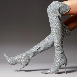 Sequined Pointed Toe Stiletto Heel Knee High Boots