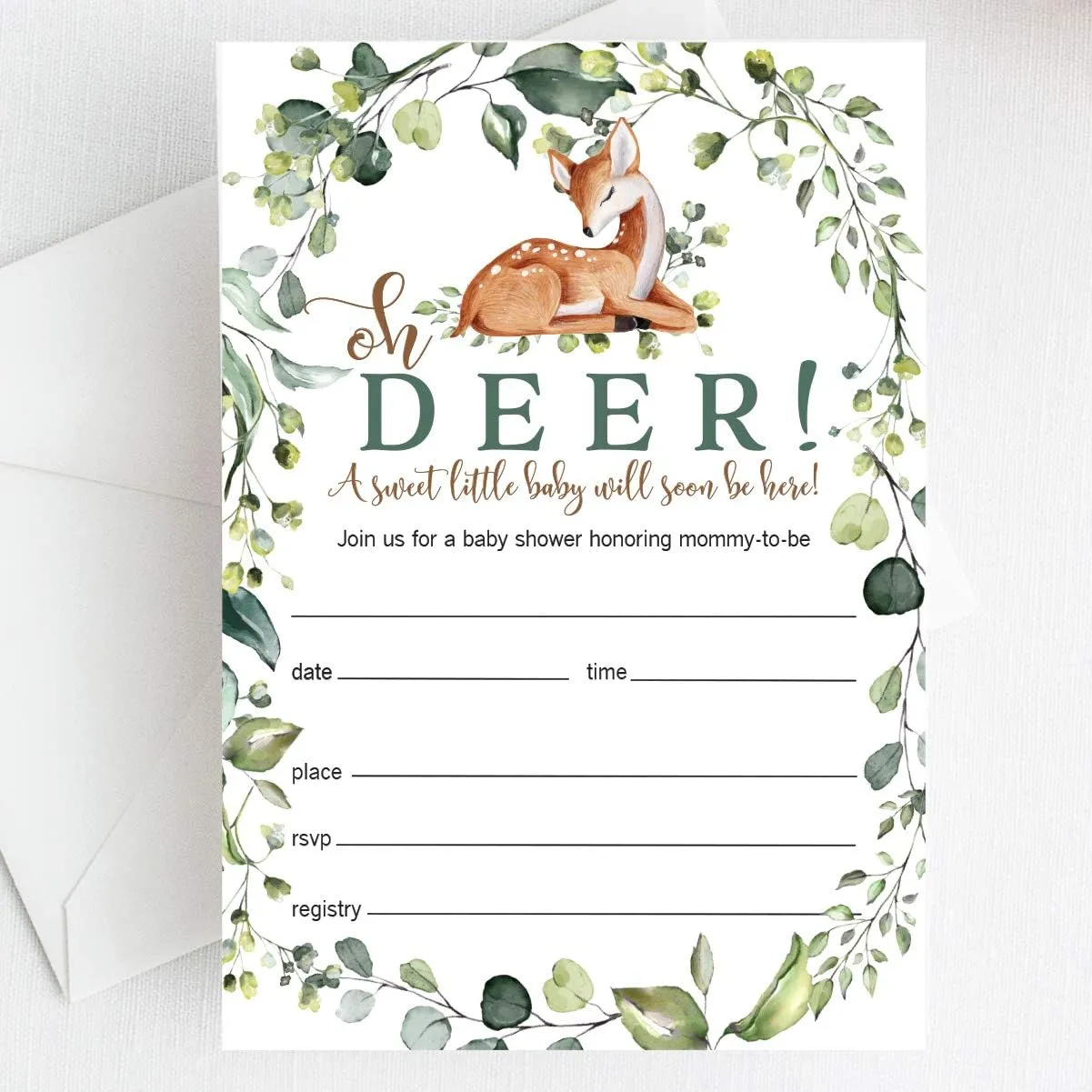 Set of 25 Oh Deer! Baby Shower Invitations, Gender Neutral Baby Shower Invitations, Woodland Baby Shower Invitations with Envelopes