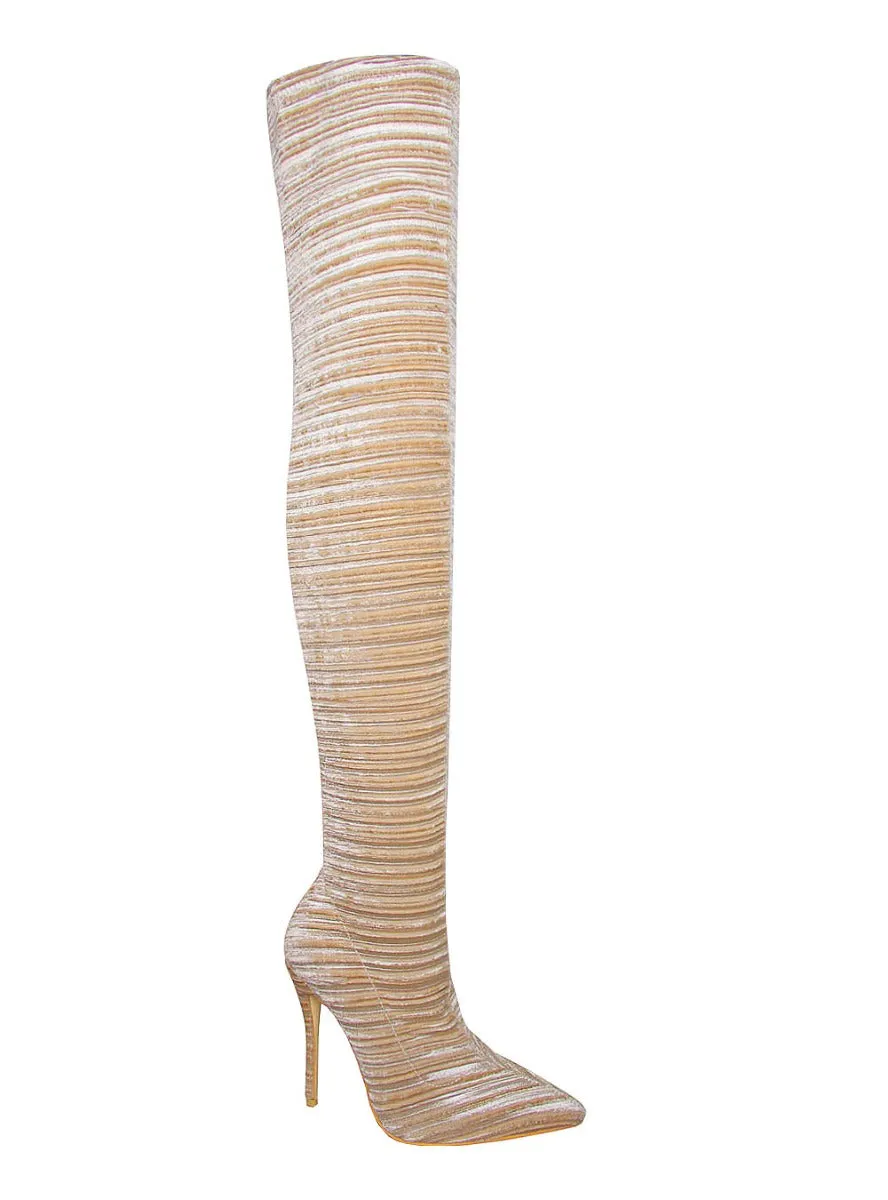 Shelby Beige Velvet Rib Thigh High Boots