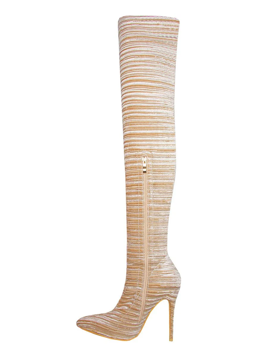 Shelby Beige Velvet Rib Thigh High Boots