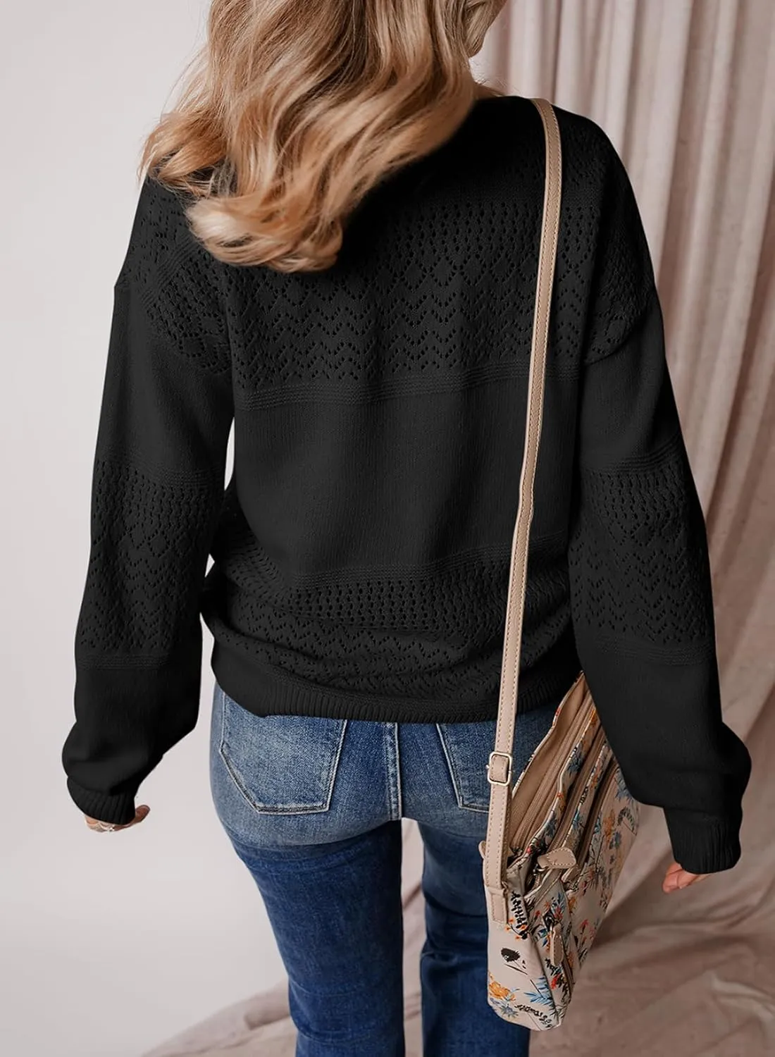 SHEWIN Womens Sweaters Casual Long Sleeve V Neck Lightweight Crochet Pullover Sweater Tops