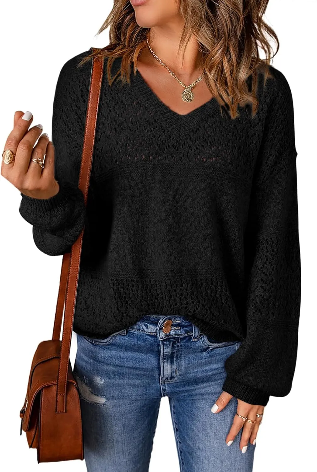 SHEWIN Womens Sweaters Casual Long Sleeve V Neck Lightweight Crochet Pullover Sweater Tops