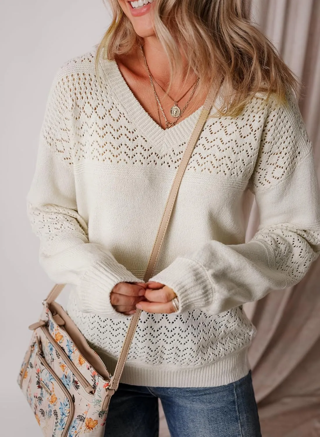 SHEWIN Womens Sweaters Casual Long Sleeve V Neck Lightweight Crochet Pullover Sweater Tops