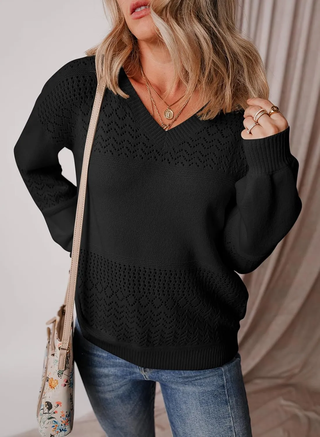 SHEWIN Womens Sweaters Casual Long Sleeve V Neck Lightweight Crochet Pullover Sweater Tops