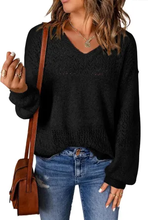 SHEWIN Womens Sweaters Casual Long Sleeve V Neck Lightweight Crochet Pullover Sweater Tops