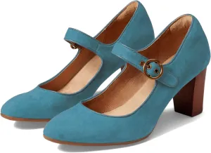 SHODENSE Women Chunky High Heel Mary Jane Suede Pumps Shoes Round Closed Toe Ankle Strap Dress Sandals 3" Block Heel Mary Jane Lolita Pumps Two-Toned Buckle Office Work Wedding Retro 4-11 M US