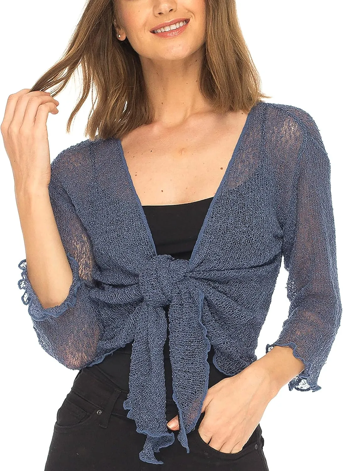 SHU-SHI Sheer Cardigans For Women Summer Knit Shrug Lightweight For Dresses Tie Top Open Front