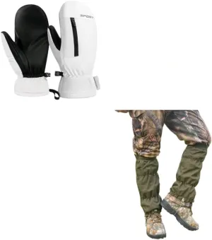 Ski Trip Essentials - Waterpoof Ski Snow Mittens in Gloves for Men Women & Snow Gators for Snowshoes and Hiking Boots Snake Proof Gaiters Boot Snake Guards Chaps