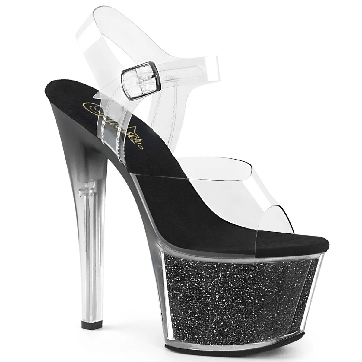 SKY-308G-T 7" Clear and Black Glitter Pole Dancer Platforms