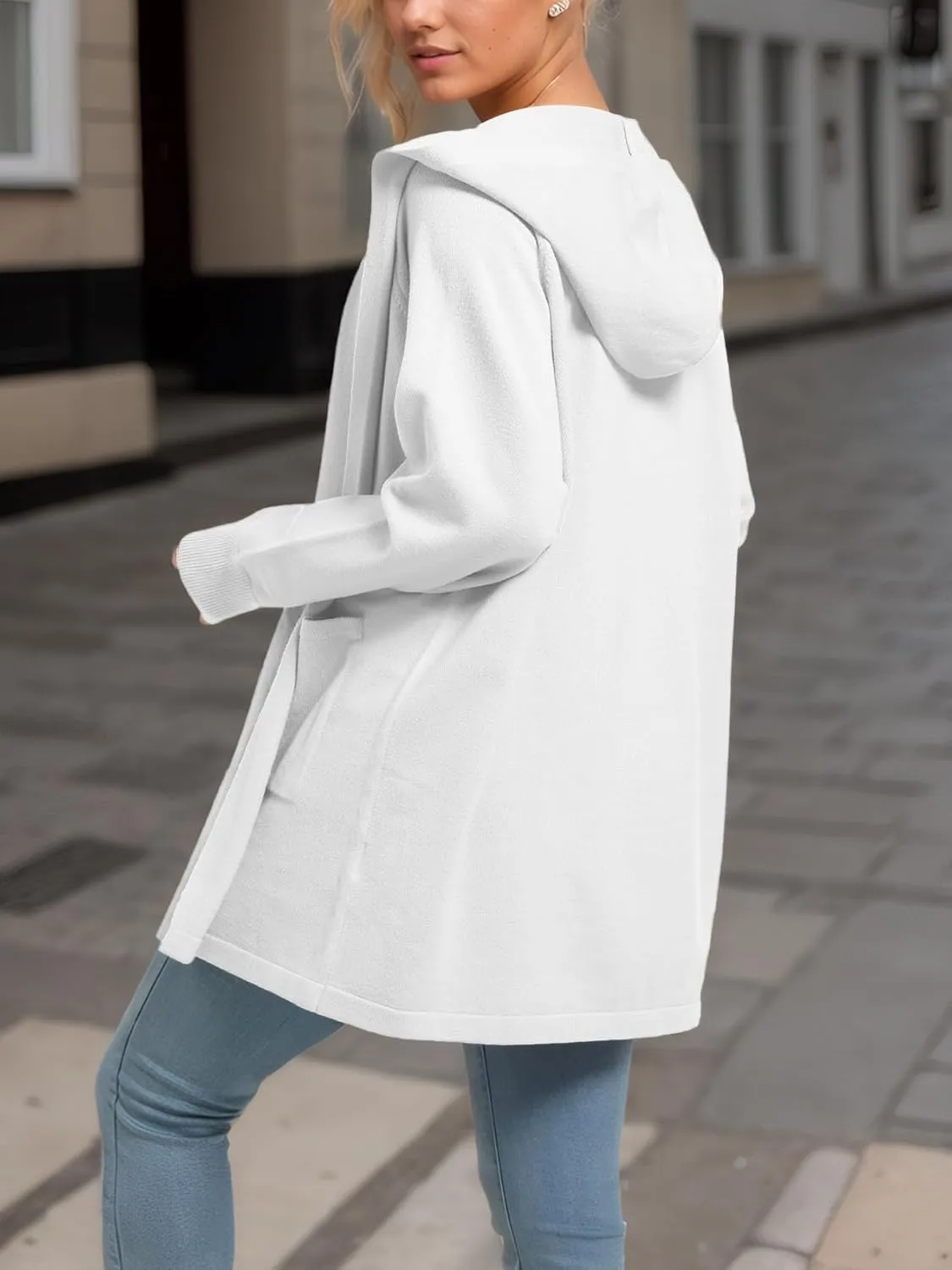 SMENG Women's Lightweight Hooded Sweater Open Front Cardigan Casual Knit Long Sleeve Outerwear with Pockets