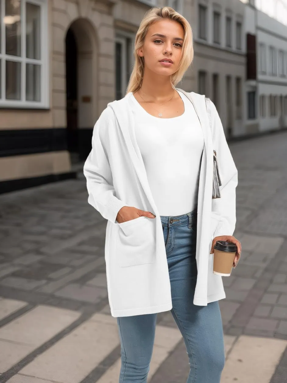 SMENG Women's Lightweight Hooded Sweater Open Front Cardigan Casual Knit Long Sleeve Outerwear with Pockets