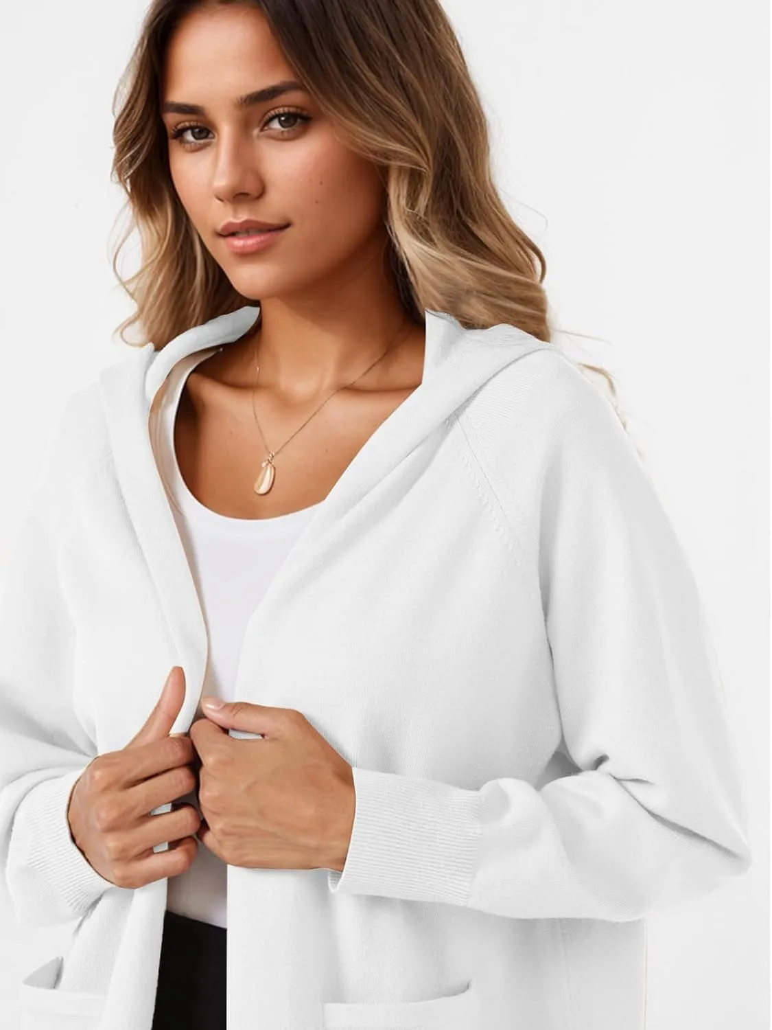 SMENG Women's Lightweight Hooded Sweater Open Front Cardigan Casual Knit Long Sleeve Outerwear with Pockets