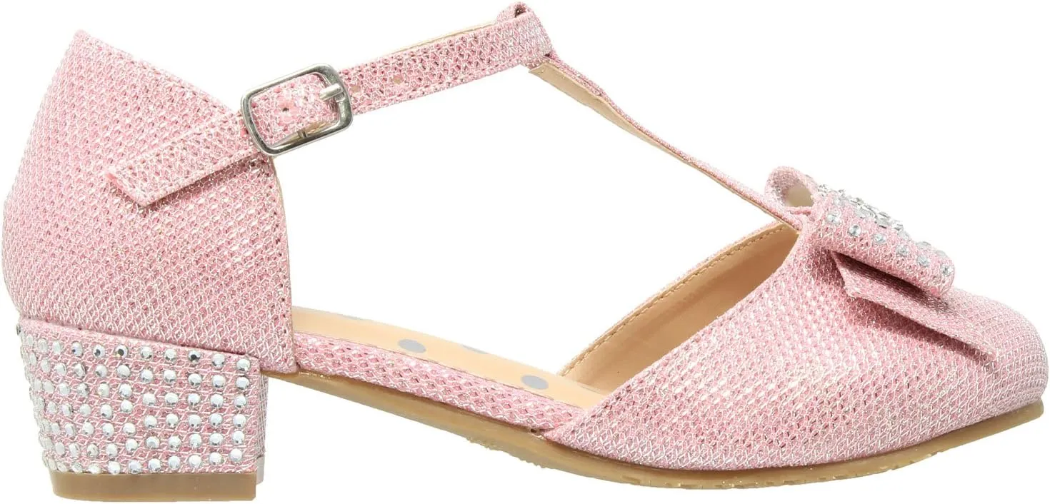 SOBEYO Girls Low Heels Pumps T-Strap Bow Accent Glitter Rhinestone Mary Jane Kids Sandals