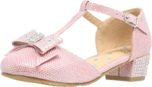 SOBEYO Girls Low Heels Pumps T-Strap Bow Accent Glitter Rhinestone Mary Jane Kids Sandals