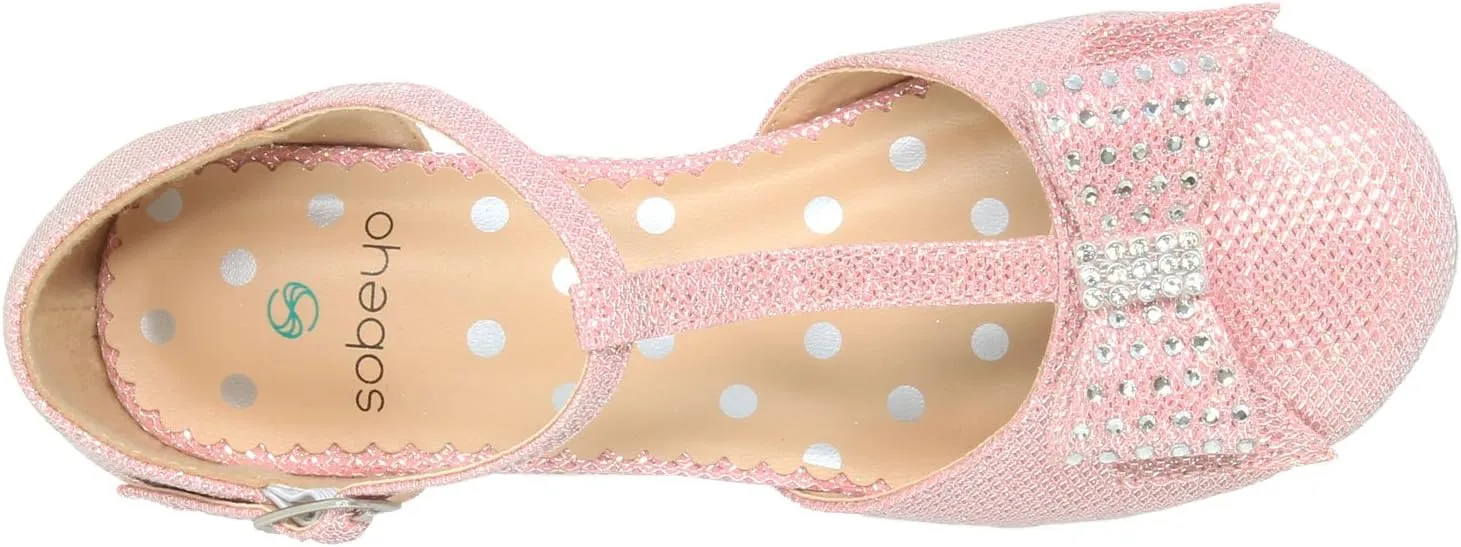 SOBEYO Girls Low Heels Pumps T-Strap Bow Accent Glitter Rhinestone Mary Jane Kids Sandals