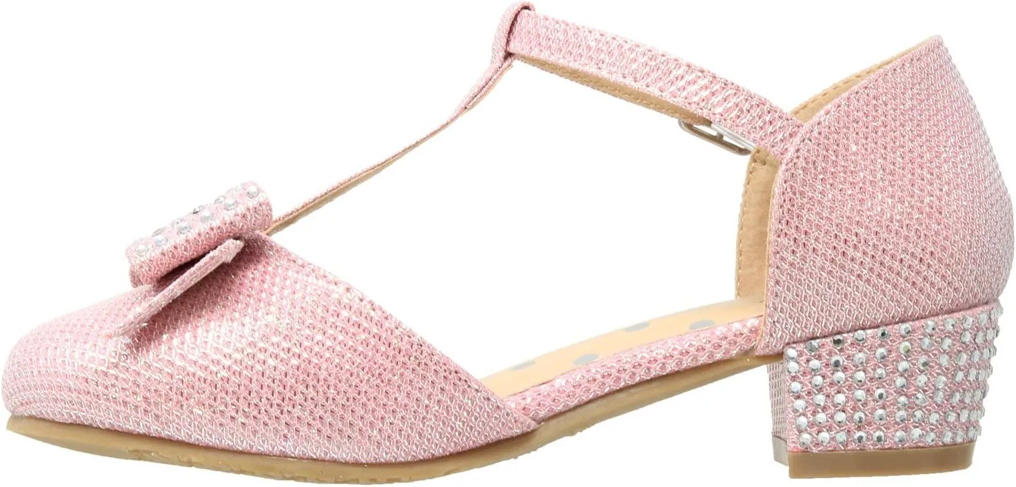 SOBEYO Girls Low Heels Pumps T-Strap Bow Accent Glitter Rhinestone Mary Jane Kids Sandals