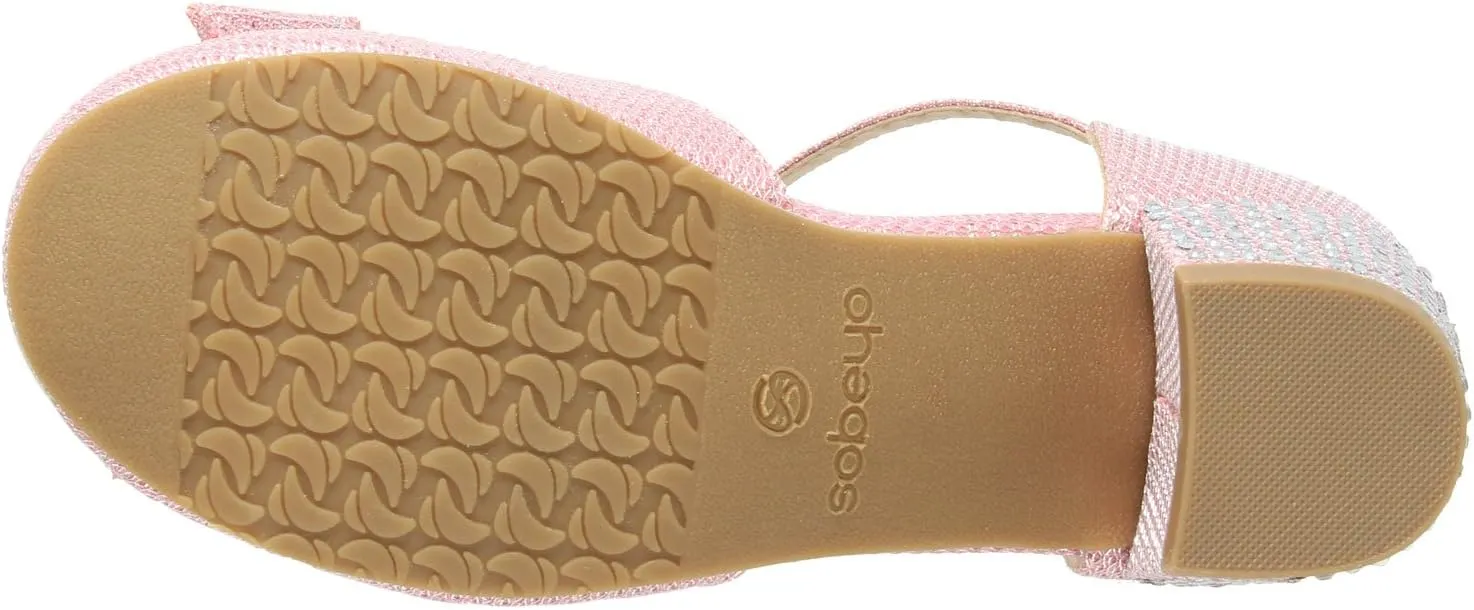 SOBEYO Girls Low Heels Pumps T-Strap Bow Accent Glitter Rhinestone Mary Jane Kids Sandals