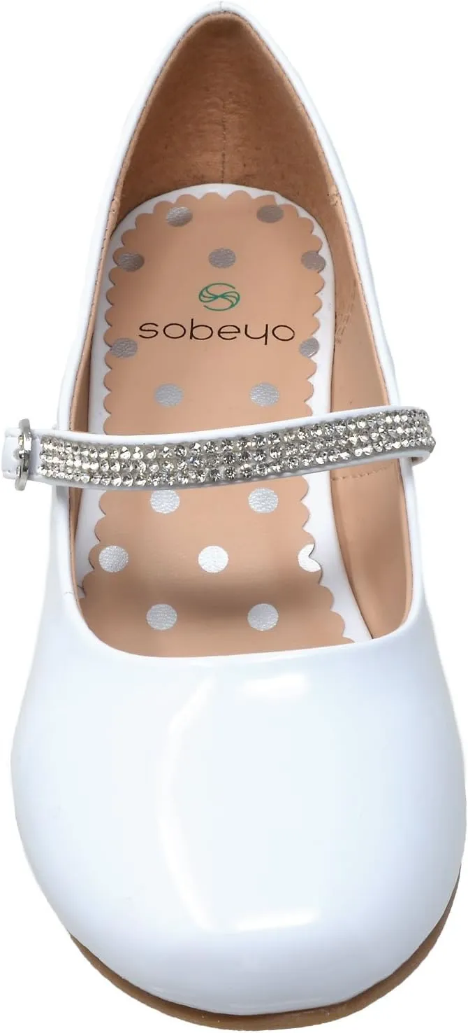 SOBEYO Kids Dress Shoes Low Chunky Heel Mary Jane Girls Pumps Rhinestone Strap