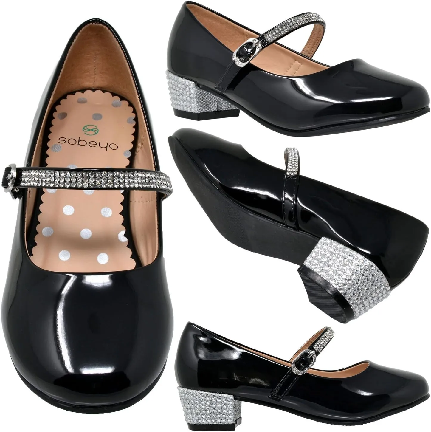 SOBEYO Kids Dress Shoes Low Chunky Heel Mary Jane Girls Pumps Rhinestone Strap