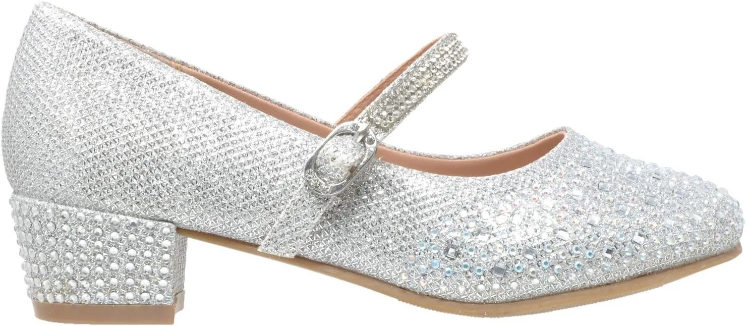 SOBEYO Kids Dress Shoes Low Chunky Heel Mary Jane Girls Pumps Rhinestone Strap
