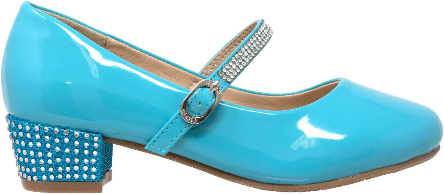 SOBEYO Kids Dress Shoes Low Chunky Heel Mary Jane Girls Pumps Rhinestone Strap