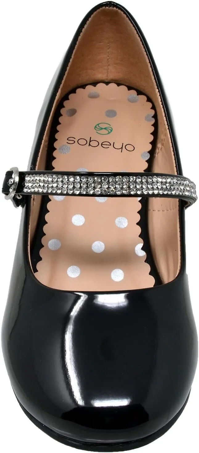 SOBEYO Kids Dress Shoes Low Chunky Heel Mary Jane Girls Pumps Rhinestone Strap