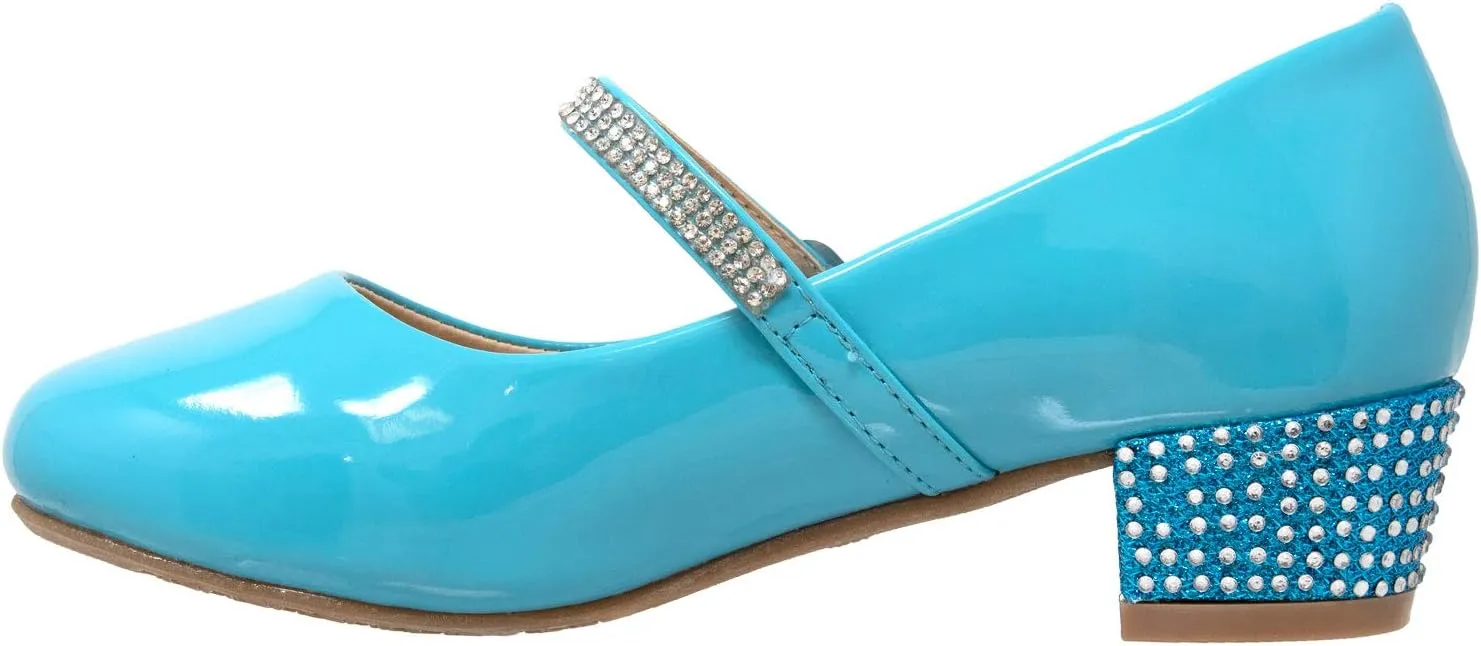 SOBEYO Kids Dress Shoes Low Chunky Heel Mary Jane Girls Pumps Rhinestone Strap