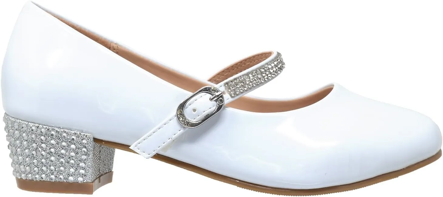 SOBEYO Kids Dress Shoes Low Chunky Heel Mary Jane Girls Pumps Rhinestone Strap