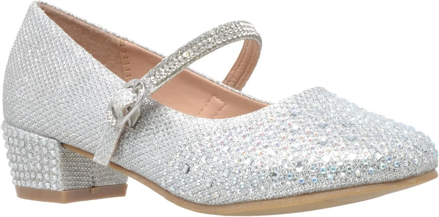 SOBEYO Kids Dress Shoes Low Chunky Heel Mary Jane Girls Pumps Rhinestone Strap