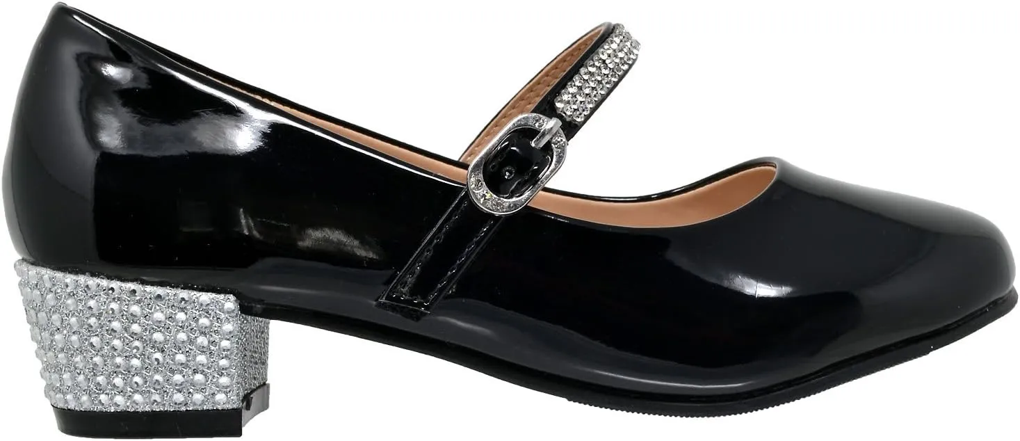 SOBEYO Kids Dress Shoes Low Chunky Heel Mary Jane Girls Pumps Rhinestone Strap