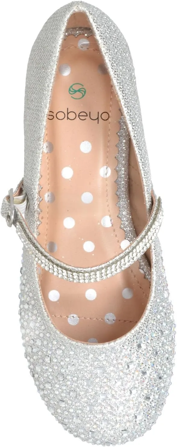 SOBEYO Kids Dress Shoes Low Chunky Heel Mary Jane Girls Pumps Rhinestone Strap