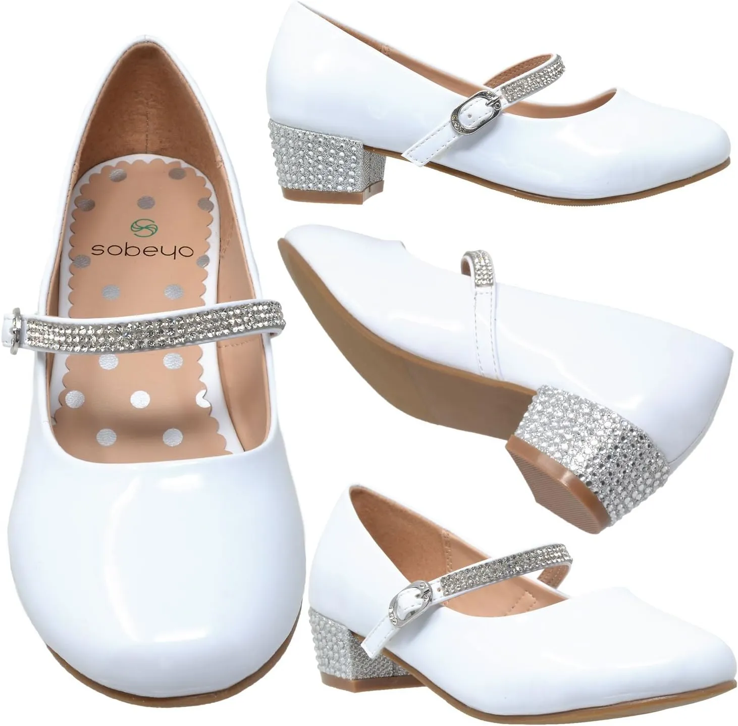 SOBEYO Kids Dress Shoes Low Chunky Heel Mary Jane Girls Pumps Rhinestone Strap