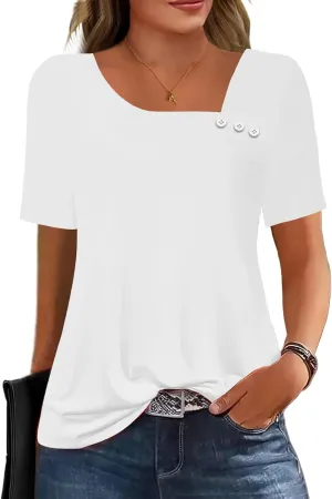 Soesdemo Womens Summer Tops Asymmetrical Neck Short Sleeve Button Dressy Casual Lightweight Tunic T Shirts Blouse