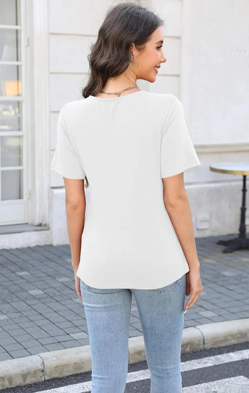 Soesdemo Womens Summer Tops Asymmetrical Neck Short Sleeve Button Dressy Casual Lightweight Tunic T Shirts Blouse