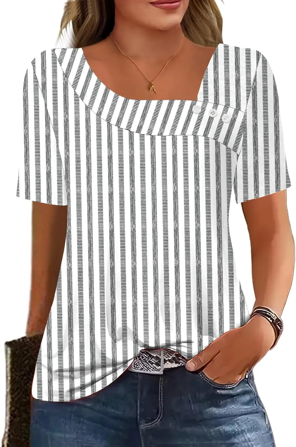 Soesdemo Womens Summer Tops Asymmetrical Neck Short Sleeve Button Dressy Casual Lightweight Tunic T Shirts Blouse