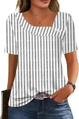 Soesdemo Womens Summer Tops Asymmetrical Neck Short Sleeve Button Dressy Casual Lightweight Tunic T Shirts Blouse