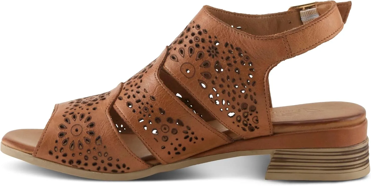 Spring Step Plasma Leather Women's Sandal | Low Heel Sandals for Women with Floral Perforated Full Coverage Upper, Stretch Buckle Closure